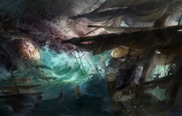 Картинка море, шторм, люди, монстр, корабли, арт