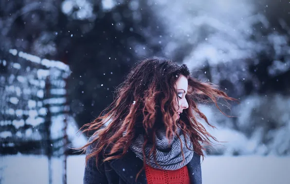 Зима, девушка, снег, волосы