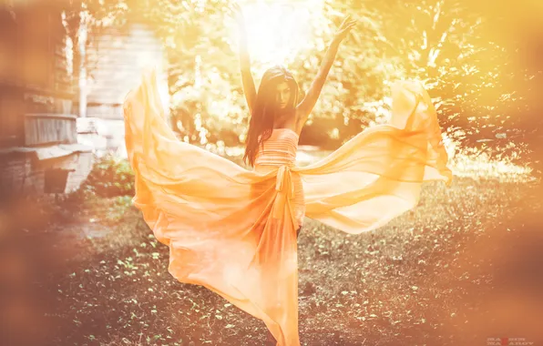 Девушка, солнце, полет, оранжевый, природа, платье