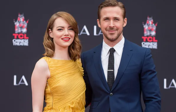 Взгляд, девушка, улыбка, платье, мужчина, Emma Stone, Ryan Gosling