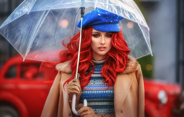 Картинка девушка, зонтик, кепка, пальто, локоны, красные волосы, фотограф Илона Баимова, Марина Жаринова