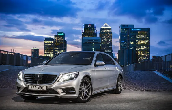 Город, фары, Mercedes-Benz, 2014, BlueTEC, S300 W222, серебристый металлик