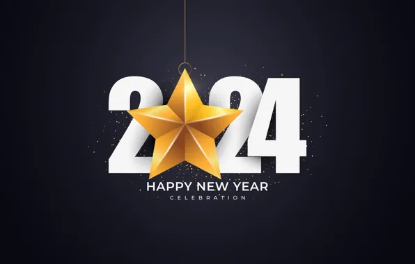 Темный фон, надпись, звезда, цифры, Новый год, белые, дата, 2024