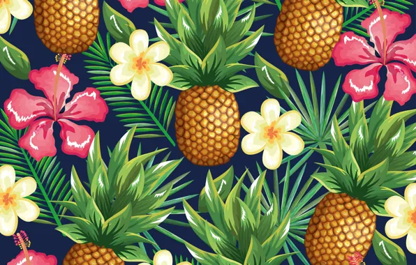 Цветы, фон, ананас, flowers, pattern, pineapple, tropical, тропик