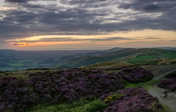 Небо, облака, закат, холмы, поля, панорама, Великобритания, North Wales