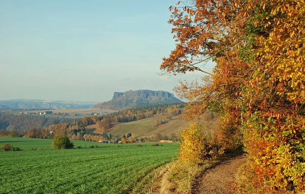 Картинка поле, осень, небо, деревья, гора, Германия