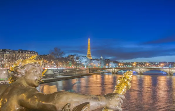 Картинка ночь, мост, огни, река, Франция, Париж, башня, Сена