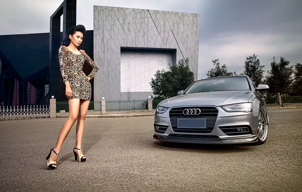 Авто, взгляд, девушка, Audi, Девушки, азиатка, стоит над машиной