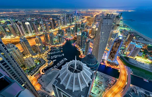 Картинка море, побережье, здания, панорама, Дубай, ночной город, Dubai, небоскрёбы