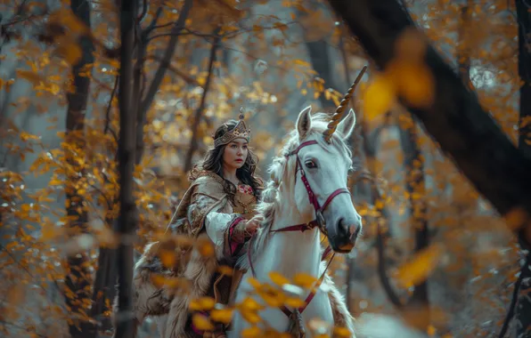 Осень, лес, белый, девушка, деревья, ветки, природа, туман