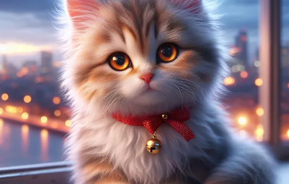 Кошка, небо, взгляд, стекло, свет, ночь, город, огни