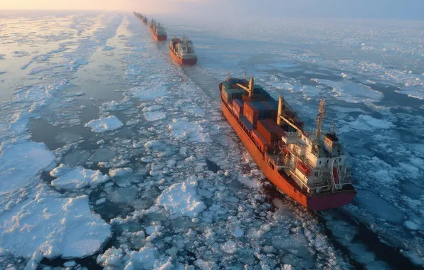 Зима, море, свет, снег, корабль, лёд, корабли, утро