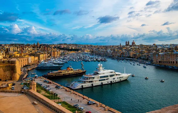 Авто, небо, вид, яхта, причал, панорама, канал, Malta