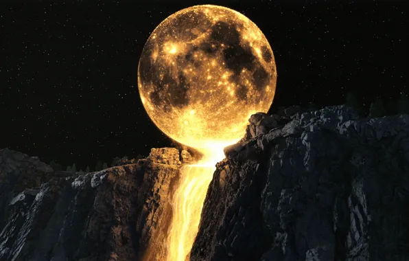 Ночь, луна, гора, водопад, moon, Samsung, водопад луны, луна на горе