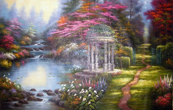 Картинка цветы, картина, речка, живопись, беседка, тропинка, Thomas Kinkade, The Garden of Prayer