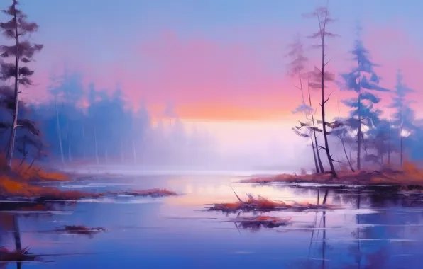 Art, calm, lake, illustration