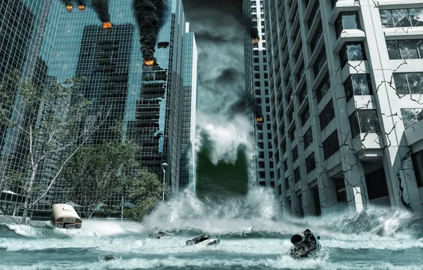 Картинка city, город, небоскребы, Апокалипсис, storm, fantastic, tsunami, wave