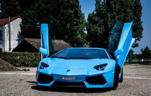 Lamborghini, перед, blue, aventador, ламборгини, авентадор