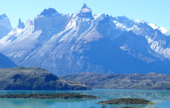 Горы, природа, озеро, синева, скалы, Чили, Patagonia, Pehoe Lake