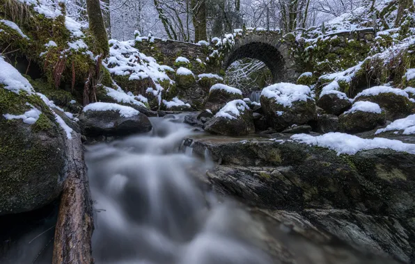 Лес, снег, мост, камни, Шотландия, речка, Scotland, Glen Creran