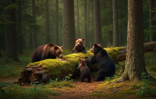 Лес, деревья, мох, медведи, арт, бревно, forest, медвежата