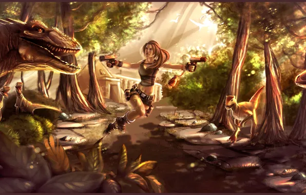 Картинка девушка, деревья, камни, пистолеты, игра, нападение, динозавры, lara croft