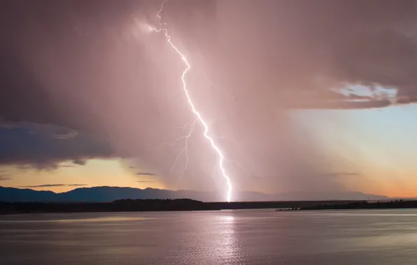 Картинка гроза, небо, закат, озеро, молния, вечер, Колорадо, USA