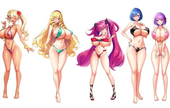 Sexy, cleavage, flower, pink hair, horns, green eyes, long hair, legs