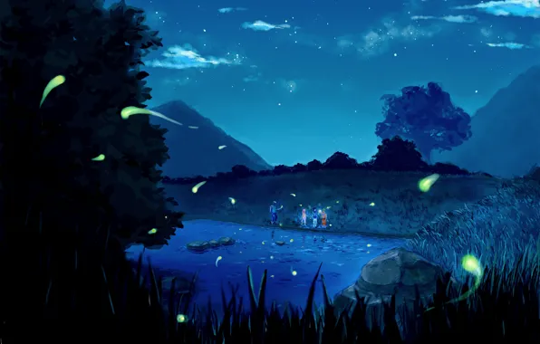 Картинка звезды, облака, деревья, горы, ночь, природа, озеро, аниме