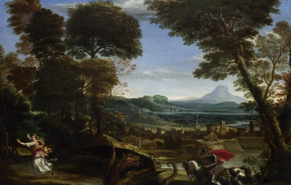 Смерть, дракон, картина, копье, painting, на коне, Saint George killing the Dragon, Domenichino