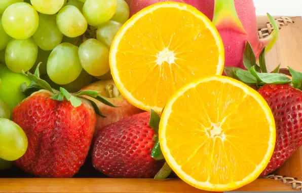 Картинка лимон, яблоко, клубника, виноград, фрукты