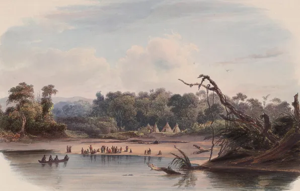 Картинка картина, живопись, painting, Karl Bodmer, 1837, Tents of the punca indians on the banks of …