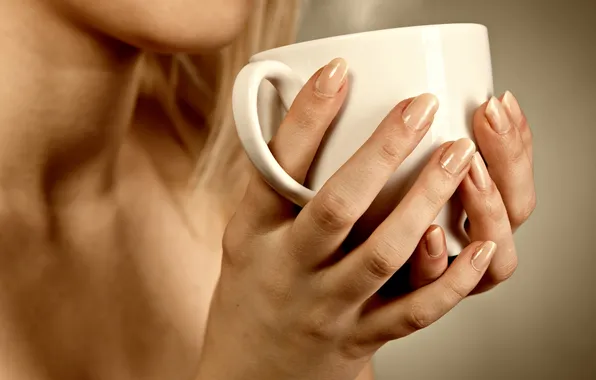 Woman, steam, face, coffee cup, coffee