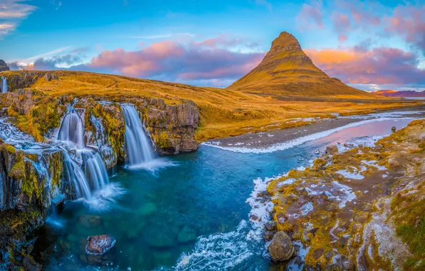 Картинка river, sky, landscape, waterfall, Iceland, mount