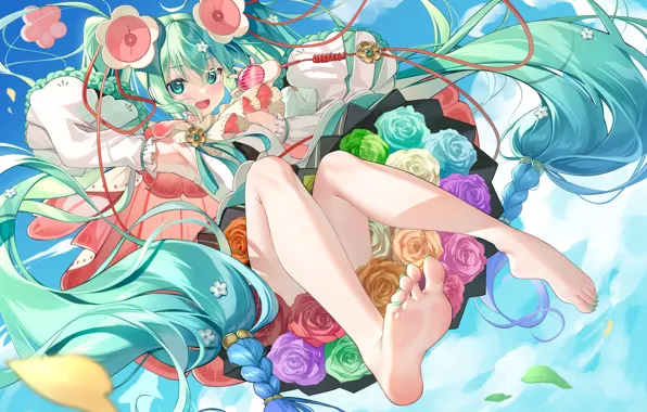 Небо, девушка, цветы, Hatsune Miku, Vocaloid, meion