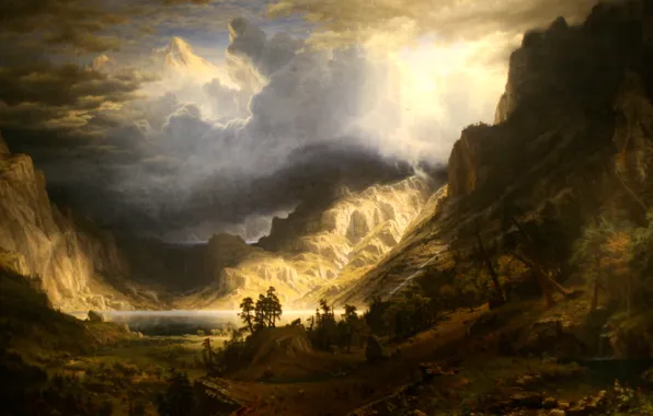 Картинка пейзаж, картина, Альберт Бирштадт, Буря в Скалистых Горах