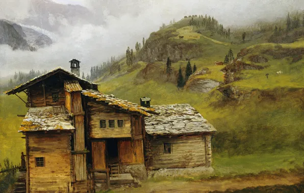 Картинка пейзаж, картина, Альберт Бирштадт, Дом в Горах