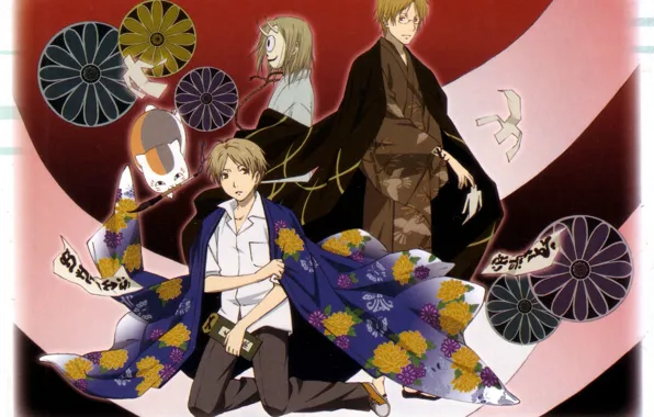 Кот, узор, очки, кимоно, кисть, natsume yuujinchou, тетрадь дружбы нацумэ, ёкай