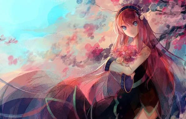 Картинка девушка, цветы, улыбка, дерево, букет, арт, Аниме, Anime