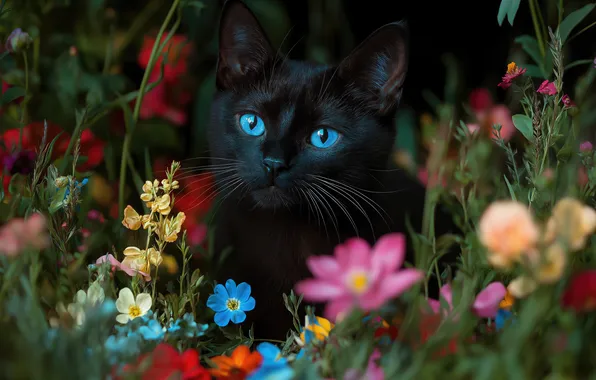 Кошка, лето, кот, взгляд, цветы, поза, темный фон, котенок