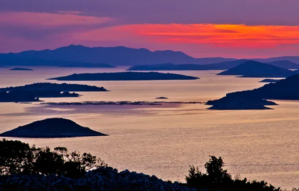 Море, острова, закат, вечер, Хорватия, Адриатика, Ядран, архипелаг
