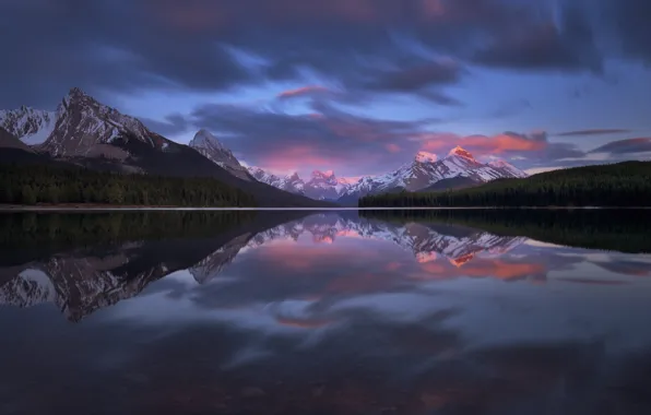 Картинка отражения, горы, озеро, Канада, Джаспер, закат.лес