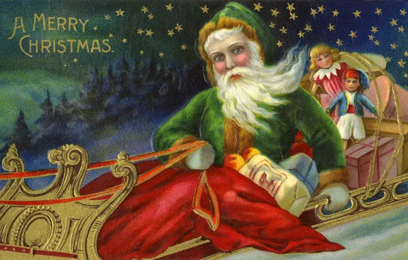 Игрушки, звёзды, подарки, сани, Санта Клаус, Дед Мороз, открытка