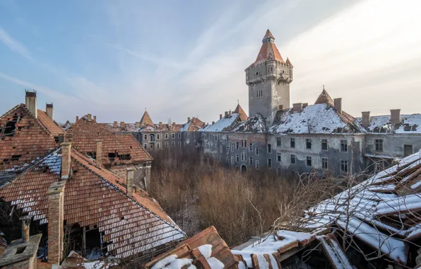 Зима, небо, снег, деревья, замок, развалины, заброшенный, Abandoned castle