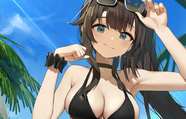 Girl, sexy, wet, cleavage, long hair, brown hair, boobs, anime