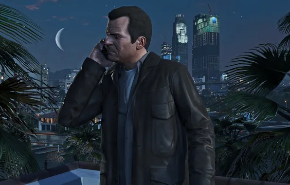 City, Game, Grand Theft Auto V, GTA V, Phone, Nigth, Michael De Santa