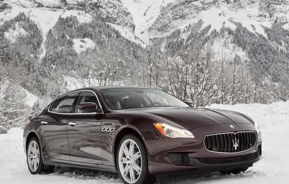 Машина, снег, горы, Maserati, Quattroporte