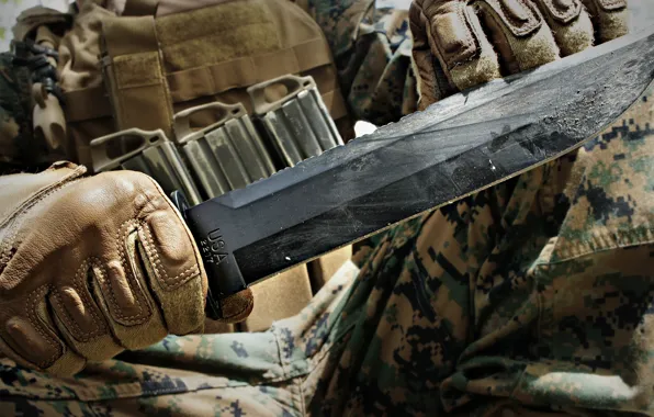 Нож, камуфляж, перчатка, Knife, glove, camouflage, боевой нож, ka-bar usa 2217