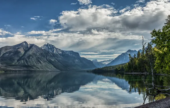 Облака, деревья, горы, озеро, отражение, Монтана, Glacier National Park, Скалистые горы