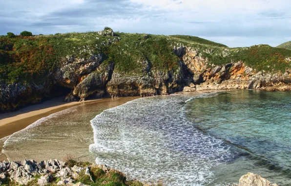 Картинка море, небо, вода, горы, природа, скалы, прибой, залив